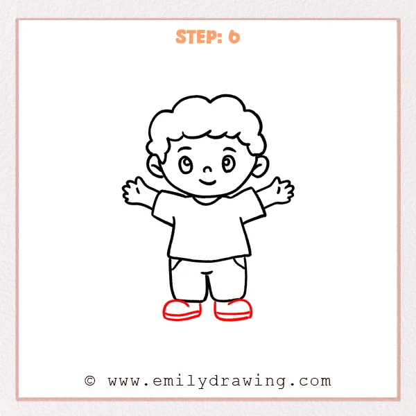 how to draw a cartoon man - Cartoon man with full body now has two rounded sneakers added, each with a simple sole line at the bottom.